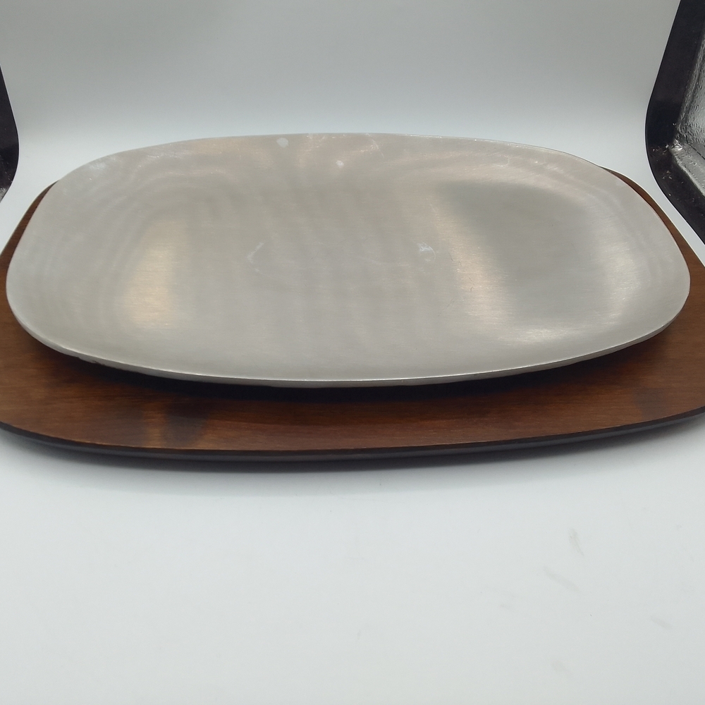 Pewter Metal Dish & Wooden Serving Tray